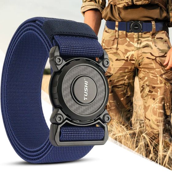 Military work belt blue metal buckle